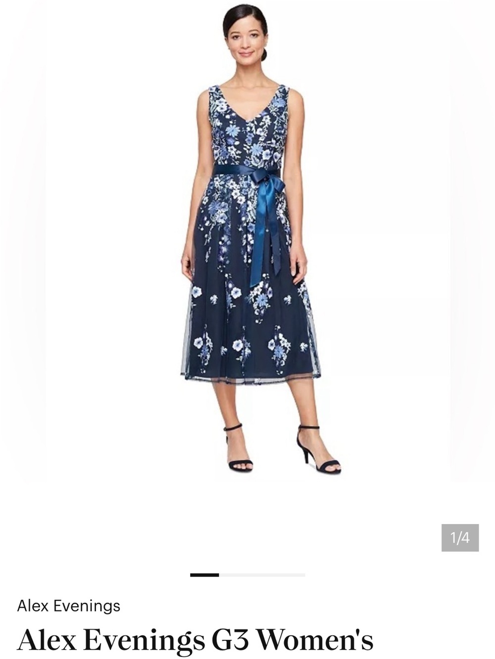 Alex Evenings Navy Blue Floral V-Neck Midi Dress with Satin Waist Sash